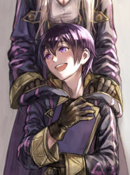 Rule 34 | 1boy, 1girl, black hair, blue eyes, book, breasts, cleavage, fire emblem, fire emblem awakening, gloves, grey background, hand on another&#039;s shoulder, highres, holding, holding book, hood, hood down, jacket, long hair, morgan (fire emblem), morgan (male) (fire emblem), mother and son, nintendo, open mouth, robin (female) (fire emblem), robin (fire emblem), short hair, simple background, t misaomaru, teeth, twintails, upper teeth only, white hair
