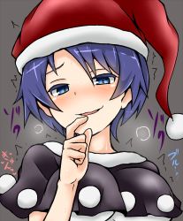 Rule 34 | 1girl, blue eyes, blue hair, blush, doremy sweet, finger to mouth, grey background, hat, hato no suisou, highres, matching hair/eyes, naughty face, nightcap, parted lips, pom pom (cheerleading), pom pom (clothes), short hair, simple background, solo, touhou, trembling, upper body, wavy mouth