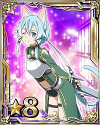 Rule 34 | 10s, 1girl, animal ears, armor, arms behind back, black ribbon, black shorts, blue eyes, blue hair, bow (weapon), breastplate, card (medium), cat ears, cat tail, hair ribbon, holding, holding weapon, leaning forward, looking at viewer, matching hair/eyes, midriff, navel, one eye closed, pointy ears, ribbon, short hair with long locks, short shorts, shorts, sidelocks, sinon, sinon (sao-alo), smile, solo, sword art online, tail, thigh strap, weapon