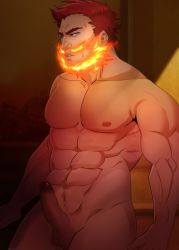 Rule 34 | 10s, 1boy, abs, artist request, bara, boku no hero academia, collarbone, endeavor (boku no hero academia), erection, facial hair, fire, glans, highres, male focus, muscular, nipples, nude, parted lips, pectorals, penis, pubic hair, red hair, short hair, solo, standing, teeth, endeavor (boku no hero academia), turquoise eyes, veins, veiny penis