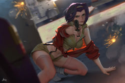 Rule 34 | 1girl, absurdres, artist name, boots, breasts, cleavage, cowboy bebop, faye valentine, finger on trigger, glock, green eyes, gun, hairband, handgun, highres, joie, looking at viewer, motion blur, navel, pink thighhighs, pistol, purple hair, shorts, solo, sparks, suspenders, thighhighs, weapon, yellow hairband, yellow shorts