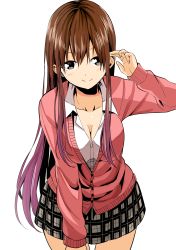 Rule 34 | 1girl, absurdres, attsun (atsushi jb), black eyes, breasts, brown hair, cleavage, collarbone, highres, leaning forward, long hair, looking at viewer, original, pleated skirt, simple background, skirt, smile, solo, white background