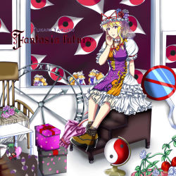 Rule 34 | 1girl, adapted costume, apple, black flower, black rose, blue flower, blue rose, boots, bow, box, breasts, chair, character doll, chen, chen (cat), choker, clock, cup, dress, english text, floral print, flower, food, framed, fruit, gap (touhou), gift, gift box, globe, hair bow, hair up, hand on own face, hat ornament, heart, high heel boots, high heels, highres, kyoukyan, petals, picture frame, pink flower, pink rose, purple flower, purple rose, red flower, red rose, roman numeral, rose, short dress, short sleeves, sign, solo, stairs, tabard, title, touhou, umbrella, veil, white dress, yakumo ran, yakumo ran (fox), yakumo yukari, yin yang