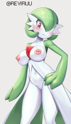 Rule 34 | 1girl, absurdres, arm at side, artist name, blush, bob cut, breasts, closed mouth, collarbone, colored skin, creatures (company), female focus, game freak, gardevoir, gen 3 pokemon, green hair, green skin, grey background, hair over one eye, hand on own hip, happy, highres, large breasts, looking at viewer, multicolored skin, navel, nintendo, nipples, no pussy, one eye covered, personification, pokemon, pokemon (creature), red eyes, reviruu, short hair, simple background, smile, solo, standing, stomach, thighs, twitter username, two-tone skin, watermark, white skin