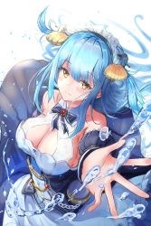 Rule 34 | 1girl, aqua hair, azur lane, bare shoulders, breasts, clam shell, cleavage, cleavage cutout, clothing cutout, detached sleeves, dress, fake antlers, from above, highres, large breasts, long dress, long hair, looking at viewer, neptune (azur lane), sankyo (821-scoville), shell hair ornament, shell hair ornament, simple background, solo, water, yellow eyes