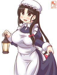 Rule 34 | 1girl, alternate costume, apron, artist logo, black hair, blue dress, blush, breasts, brown eyes, candle, collared dress, cowboy shot, dated, dress, enmaided, frilled apron, frills, hat, kanon (kurogane knights), kantai collection, large breasts, long hair, long sleeves, low-tied long hair, maid, maid apron, one-hour drawing challenge, puffy sleeves, shouhou (kancolle), simple background, solo, white apron, white background