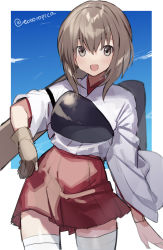 Rule 34 | 1girl, akagi (kancolle), akagi (kancolle) (cosplay), blue sky, brown eyes, brown gloves, brown hair, cloud, commentary request, cosplay, cowboy shot, gloves, highres, kantai collection, looking at viewer, muneate, one-hour drawing challenge, partially fingerless gloves, partly fingerless gloves, picoli1313, short hair, single glove, sky, smile, solo, taihou (kancolle), thighhighs, twitter username, white thighhighs, yugake