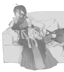 Rule 34 | 2girls, absurdly long hair, aged up, ahoge, ainu clothes, animal ears, anju (utawarerumono), aquaplus, bare shoulders, black hair, bracelet, braid, breasts, chain, choker, cleavage, closed mouth, couch, covered collarbone, crying, dress, earrings, eyelashes, facing away, facing to the side, fingernails, full body, greyscale, hair between eyes, hand on own chin, high ponytail, hip vent, jewelry, kosakichiii, kuon (utawarerumono), kuon tenshi, large breasts, long hair, low-tied long hair, lying, medium breasts, midriff, monochrome, multiple girls, necklace, nose, off shoulder, on side, pillow, ponytail, rinne, sash, see-through, see-through sleeves, sidelocks, sitting, sleeveless, spoilers, swept bangs, tears, utawarerumono, utawarerumono: futari no hakuoro, utawarerumono: itsuwari no kamen, utawarerumono: lost flag, very long hair, white hair