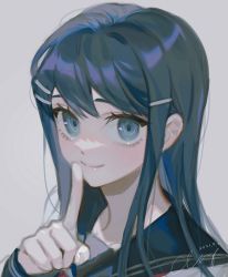 Rule 34 | 1girl, black sailor collar, blue eyes, blue hair, commentary request, danganronpa: trigger happy havoc, danganronpa (series), dated, finger to mouth, grey background, hair ornament, hairclip, hand up, index finger raised, long hair, long sleeves, looking at viewer, maizono sayaka, miying (ho ru03 15), sailor collar, school uniform, signature, simple background, smile, solo
