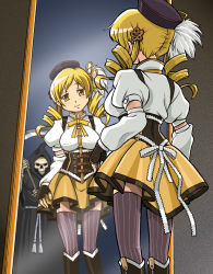 Rule 34 | 10s, 1girl, blonde hair, corset, death (entity), drill hair, full-length mirror, hat, lim, mahou shoujo madoka magica, mahou shoujo madoka magica (anime), mirror, polearm, reflection, scythe, skirt, solo, spoilers, striped clothes, striped thighhighs, thighhighs, tomoe mami, vertical-striped clothes, vertical-striped thighhighs, weapon, yellow eyes