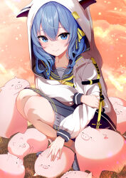 Rule 34 | 1girl, absurdres, blue eyes, blue footwear, blue hair, blush, closed mouth, commentary request, grey skirt, highres, hihi (oekakihix), hololive, hood, hoodie, hoshimachi suisei, long hair, long sleeves, looking at viewer, neckerchief, pig, pleated skirt, sailor collar, shirt, sitting, skirt, smile, socks, solo, star (symbol), star in eye, symbol in eye, virtual youtuber, white hoodie, white shirt, white socks, yellow neckerchief