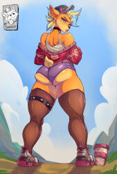 Rule 34 | 1girl, 2022, animal nose, aqua eyes, ass, back, bare shoulders, blonde hair, blue hair, blush, brand name imitation, choker, cloud, cloudy sky, commentary, crash bandicoot (series), crash bandicoot 4: it&#039;s about time, crop top, cropped jacket, cup, day, denim, denim shorts, ear piercing, earrings, english commentary, english text, female focus, from behind, full body, furry, furry female, grass, hat, highres, huge ass, jacket, jewelry, knee pits, long ears, looking at viewer, looking back, mohawk, mountainous horizon, mrdeathcat, multicolored hair, outdoors, piercing, pink lips, puckered lips, red jacket, shadow, shoes, short hair, short shorts, shorts, sky, solo, standing, tail, tawna bandicoot (it&#039;s about time), thick thighs, thigh strap, thighhighs, thighs, two-tone footwear, two-tone hair, undressing, wide hips