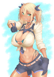Rule 34 | 1girl, absurdres, belly, belt, black gloves, black shorts, blonde hair, bow, breasts, cleavage, collarbone, cowboy shot, dark-skinned female, dark skin, earrings, gloves, green eyes, grin, hair bow, highres, huge breasts, jewelry, long hair, looking at viewer, navel, nossari, original, short shorts, shorts, smile, solo, thighs, twintails