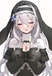 Rule 34 | 1girl, :d, absurdres, arknights, black dress, blush, breasts, closed eyes, dress, facing viewer, grey hair, hair between eyes, highres, jewelry, juejue, long hair, long sleeves, medium breasts, necklace, nun, open mouth, own hands clasped, own hands together, praying, simple background, smile, solo, specter (arknights), upper body, veil, very long hair, white background