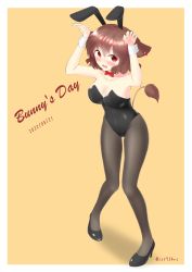 Rule 34 | 1girl, black leotard, breasts, brown hair, cleavage, cow girl, highres, holmy (show by rock!!), leotard, playboy bunny, show by rock!!, tail
