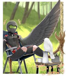 Rule 34 | 1other, bird, bird legs, black feathers, black wings, camping chair, carafe, commission, cup, feathers, grass, harpy, helmet, monster girl, motorcycle helmet, mug, notice lines, original, outdoors, rnd.jpg (artist), shorts, skeb commission, table, talons, teapot, thank you, tree, twitter username, wings