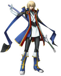 Rule 34 | 1boy, arc system works, blazblue, blazblue: calamity trigger, blonde hair, blue footwear, bodysuit, boots, frown, full body, gloves, green eyes, huge weapon, jacket, kisaragi jin, knee boots, male focus, mori toshimichi, official art, ootachi, open clothes, open jacket, ribbon, sheath, short hair, simple background, solo, standing, sword, turtleneck, weapon, yukianesa