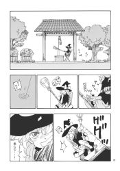 Rule 34 | 1girl, bird, broom, blowing bubbles, bucket, chair, charin, check translation, chewing gum, comic, fishing, fishing line, greyscale, hat, highres, kirisame marisa, monochrome, scan, solo, touhou, tree, well, witch hat
