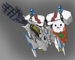 Rule 34 | commentary request, dendrobium schema, fineitogel, gradient background, green eyes, grey background, gundam, gundam 0083, gundam aerial, gundam aerial slap (meme), gundam suisei no majo, highres, mecha, meme, mobile armor, mobile suit, no humans, open hand, parody, robot, v-fin