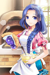 Rule 34 | 1girl, apron, blue eyes, blue hair, bowl, braid, ddonko, food, food on face, hairband, heart print, icing, jamie (sword girls), long hair, matching hair/eyes, mixing bowl, oven, oven mitts, plaid, puffy short sleeves, puffy sleeves, short sleeves, smile, solo, sword girls