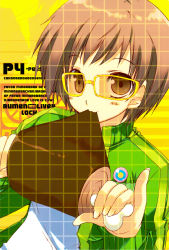 Rule 34 | atlus, boned meat, brown eyes, brown hair, eating, english text, engrish text, food, glasses, highres, meat, persona, persona 4, pinky out, ranguage, satonaka chie, solo, takanae kyourin, yellow-framed eyewear