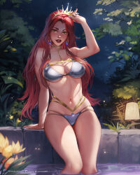 Rule 34 | 1girl, bikini, breasts, commission, earrings, eva solo, highres, jewelry, large breasts, lips, long hair, looking at viewer, navel, night, original, outdoors, parted lips, red hair, solo, star (sky), swimsuit, tiara, virtual youtuber, white bikini, yellow eyes