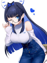 Rule 34 | 1girl, adjusting eyewear, arm behind back, bag, bare shoulders, blue eyes, blue hair, blunt bangs, blunt ends, breasts, closed mouth, clothing cutout, colored inner hair, cowboy shot, dark blue hair, denim, glasses, hair behind ear, hair intakes, halo, heart, high-waist pants, highres, hiroikara (smhong04), holding, holding bag, hololive, hololive english, jeans, large breasts, leaning forward, long sleeves, looking at viewer, multicolored hair, official alternate costume, one eye closed, ouro kronii, ouro kronii (casual), pants, shoulder cutout, sidelocks, simple background, smile, solo, sweater, sweater tucked in, twitter username, two-tone hair, virtual youtuber, white background