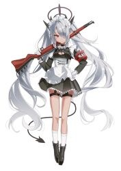 Rule 34 | 1girl, absurdres, alternate costume, apron, armband, black dress, black footwear, black tail, blue archive, boots, closed mouth, demon tail, dress, enmaided, frilled apron, frills, grey hair, grey halo, gun, hair over one eye, halo, highres, holding, holding gun, holding weapon, iori (blue archive), long hair, long sleeves, looking at viewer, maid, maid apron, maid headdress, marks (dmhunsu10), pointy ears, red armband, red eyes, simple background, socks, solo, tail, waist apron, weapon, white apron, white background, white socks