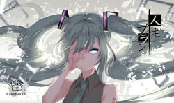 Rule 34 | 1girl, bare arms, bare shoulders, blue eyes, collared shirt, commentary request, eyebrows hidden by hair, floating hair, green hair, green nails, green necktie, grey background, grey shirt, hand up, hatsune miku, long hair, nail polish, necktie, one eye covered, shirt, sleeveless, sleeveless shirt, solo, translation request, twintails, twitter username, upper body, vocaloid, yuuki kira