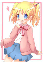 Rule 34 | 10s, 1girl, alice cartelet, blonde hair, blue eyes, blush, hair ornament, highres, kin-iro mosaic, open mouth, school uniform, skirt, smile, solo, twintails, xenon (for achieve)