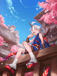 Rule 34 | 1girl, architecture, bad id, bad pixiv id, bare shoulders, bike shorts, blue kimono, blue sky, building, cherry blossoms, clog sandals, closed eyes, cloud, colored eyelashes, dango, day, earrings, east asian architecture, eating, fang, food, from below, highres, holding, holding skewer, horns, japanese clothes, jewelry, kimono, okobo, oni, oni horns, open mouth, original, outdoors, petals, pointy ears, red footwear, sandals, sanshoku dango, shichigatsu, short hair, short kimono, silver hair, single horn, sitting, skewer, sky, solo, tabi, tree, wagashi, white legwear, wrist wrap