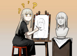 Rule 34 | 1girl, ?, ??, black dress, blonde hair, braid, bust (sculpture), closed mouth, dress, easel, french braid, from behind, gogalking, gradient background, grey hair, highres, holding, junior (gogalking), long hair, looking at viewer, looking back, original, short sleeves, sitting, solo, statue, stool, yellow background, yellow eyes