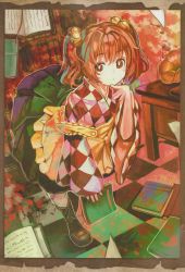 Rule 34 | 1girl, absurdres, apron, bell, book, checkered clothes, checkered kimono, hair bell, hair ornament, highres, japanese clothes, jingle bell, kimono, looking at viewer, motoori kosuzu, organ derwald, red eyes, red hair, solo, touhou, twintails, two side up, wide sleeves