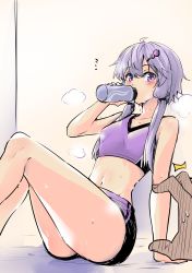Rule 34 | 1girl, ^^^, arm support, blush, bottle, commentary, drinking, hair ornament, hair tie, hairclip, highres, holding, holding bottle, knees up, looking at viewer, midriff, navel, nib pen (medium), pov, pov hands, purple eyes, purple hair, purple sports bra, short shorts, shorts, sidelocks, sitting, sports bra, sportswear, sweat, traditional media, vocaloid, voiceroid, water bottle, yuzuki yukari, zooanime