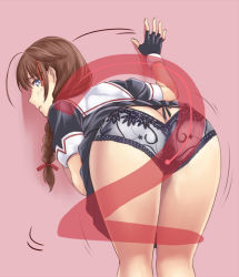 Rule 34 | 10s, 1girl, :d, against wall, ahoge, ass, bent over, black gloves, black panties, black skirt, blue eyes, braid, brown hair, fingerless gloves, from behind, gloves, hair over shoulder, ishii hisao, kantai collection, legs, looking at viewer, looking back, open mouth, panties, parted lips, pleated skirt, red background, sailor collar, school uniform, shigure (kancolle), simple background, single braid, skirt, smile, solo, underwear, upskirt
