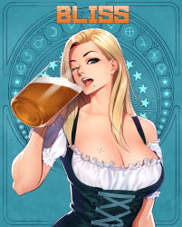 Rule 34 | 1girl, absurdres, alcohol, bare shoulders, beer, beer mug, black dress, blonde hair, blouse, breast tattoo, breasts, cleavage, commentary request, cross-laced clothes, cross-laced dress, cup, dirndl, dress, drinking, frilled shirt, frills, froth, german clothes, green eyes, hair behind ear, highres, holding, holding cup, long hair, medium breasts, mole, mole under mouth, mug, off-shoulder shirt, off shoulder, ogami, one eye closed, original, puffy short sleeves, puffy sleeves, shirt, short sleeves, solo, tattoo, teeth, tongue, tongue out, underbust, upper body, upper teeth only