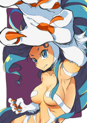 Rule 34 | 1girl, animal hands, big hair, blue eyes, blue hair, breasts, capcom, claws, cleavage, fang, fang out, felicia (vampire), fur, highres, large breasts, long hair, looking at viewer, matching hair/eyes, simple background, solo, sugi koutarou, vampire (game), very long hair
