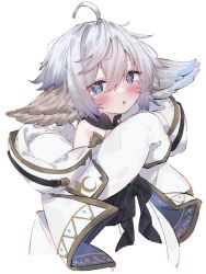 Rule 34 | 1girl, ahoge, animal ears, black bow, blue eyes, blush, bow, collared dress, detached sleeves, dress, dress bow, eip (pepai), granblue fantasy, grey hair, highres, looking at viewer, parted lips, short hair, simple background, sleeveless, sleeveless dress, sleeves past fingers, sleeves past wrists, solo, symbol-shaped pupils, wamdus (granblue fantasy), white background