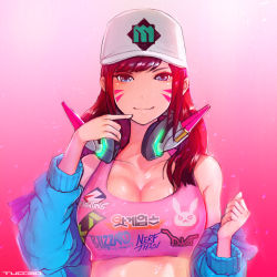 Rule 34 | 1girl, alternate eye color, animal print, artist name, baseball cap, blizzard (company), blue eyes, blue jacket, breasts, brown hair, character name, cleavage, clenched hand, clothes writing, collarbone, commentary request, crop top, d.va (overwatch), facepaint, facial mark, finger to mouth, glowing, gradient background, hair down, hat, headphones, headphones around neck, highres, jacket, unworn jacket, large breasts, light particles, light smile, long hair, long sleeves, looking at viewer, off shoulder, overwatch, overwatch 1, pink background, pink shirt, rabbit print, shirt, shooting star d.va, signature, solo, swept bangs, tank top, tucciao, upper body, whisker markings