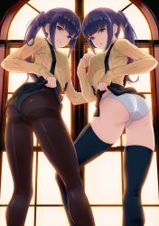 Rule 34 | 2girls, 40hara, absurdres, ass, backlighting, black legwear, blue eyes, breasts, clenched teeth, clothes lift, contrapposto, from behind, from below, futaba kano, futaba yuno, gesugao, glaring, highres, indoors, lifted by self, long hair, long sleeves, looking at viewer, medium breasts, multiple girls, original, panties, panties under pantyhose, pantyhose, parted lips, purple hair, ribbed sweater, siblings, side ponytail, sidelocks, sisters, skirt, skirt lift, sleeves past wrists, small breasts, standing, suspenders, sweater, teeth, thighband pantyhose, thighhighs, trefoil, turtleneck, turtleneck sweater, twins, underwear, v-shaped eyebrows, white panties