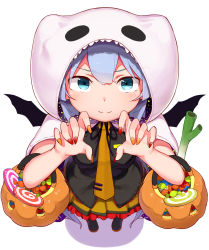 Rule 34 | 1girl, abmayo, bat wings, black footwear, black necktie, black ribbon, black shirt, blue hair, blush, candy, commentary request, fake wings, fingernails, food, frills, from above, ghost costume, halloween costume, hatsune miku, highres, hood, hood up, long hair, looking at viewer, nail polish, necktie, orange nails, orange necktie, orange skirt, red nails, ribbon, shirt, simple background, skirt, smile, solo, spring onion, tie clip, twintails, vocaloid, white background, wings