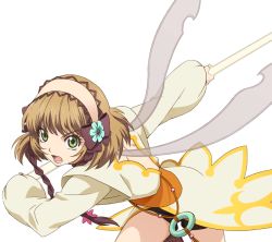 Rule 34 | 1girl, bike shorts, bow, brown hair, coat, flower, green eyes, hair bow, hair flower, hair ornament, hairband, leia rolando, official art, open mouth, running, short hair, solo, staff, tales of (series), tales of xillia, transparent background, white background