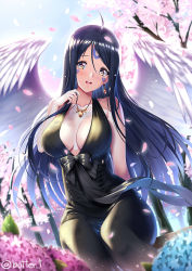 Rule 34 | 1girl, :d, aa megami-sama, aged up, ahoge, angel wings, bare shoulders, black bow, black dress, black hair, blue hair, blush, bow, breasts, butter-t, cherry blossoms, cleavage, collarbone, commentary request, day, dress, earrings, facial mark, feathered wings, forehead mark, gradient hair, jewelry, large breasts, long hair, multicolored hair, necklace, open mouth, outdoors, pendant, petals, sitting, skuld (aa megami-sama), sleeveless, sleeveless dress, smile, solo, spring (season), straight hair, twitter username, very long hair, white wings, wings, yellow eyes