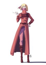 Rule 34 | 1girl, automatic giraffe, belt, blonde hair, blunt bangs, bob cut, boots, cigarette, coat, colored sclera, cyberpunk (series), cyberpunk edgerunners, full body, highres, holding, holding cigarette, kiwi (cyberpunk), long sleeves, looking at viewer, mask, pants, pink pants, red coat, red eyes, red footwear, short hair, simple background, smoking, solo, standing, white background, yellow sclera