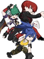 Rule 34 | 1girl, 2boys, arm pouch, bandaged hand, bandages, blue hair, boots, breasts, camouflage, camouflage pants, cargo pants, chibi, combat boots, crop top, dog tags, earphones, earrings, fingerless gloves, gloves, green hair, hair over one eye, highres, jacket, jacket on shoulders, jewelry, leona heidern, medium breasts, multiple boys, necktie, pants, ponytail, red eyes, red hair, red pants, secondary 0000, shun&#039;ei, soldier, tank top, the king of fighters, the king of fighters xv, triangle earrings, yagami iori, yellow tank top