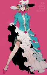 Rule 34 | 1girl, ace attorney, bird, black vest, blonde hair, blue dress, bow, collared dress, dress, dress flower, flower, frills, full body, gloves, hat, hat flower, high heels, holding, jezaille brett, lifted by self, long sleeves, pink background, pink bow, pink flower, pink footwear, pink rose, rose, shoes, short hair, simple background, skirt hold, smile, smirk, solo, standing, tamami, the great ace attorney, thigh strap, vest, weapon, white gloves, white hat