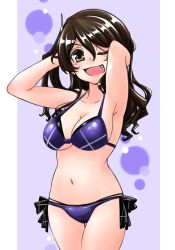 Rule 34 | 1girl, ;d, adapted costume, arms behind head, arms up, ashigara (kancolle), bare arms, bare shoulders, bikini, blush, breasts, brown eyes, brown hair, cleavage, collarbone, cowboy shot, eyebrows, fang, hair between eyes, hair lift, hairband, hands in hair, kantai collection, legs together, long hair, looking at viewer, medium breasts, one eye closed, open mouth, purple bikini, rikuo (whace), side-tie bikini bottom, smile, solo, standing, swimsuit, thigh gap, underboob, white hairband