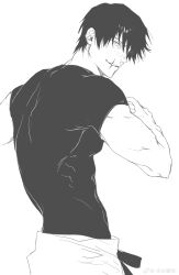 Rule 34 | 1boy, absurdres, bad id, bad weibo id, cowboy shot, dongbing zhuoyan, from side, fushiguro touji, greyscale, hair over one eye, highres, jujutsu kaisen, looking at viewer, male focus, mature male, monochrome, muscular, muscular male, scar, scar on face, scar on mouth, short hair, simple background, smile, solo, tsurime, v-taper
