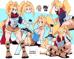 Rule 34 | 1girl, armor, blonde hair, boots, borrowed character, breasts, brown footwear, cleavage, crossed legs, highres, holding, holding sword, holding weapon, long hair, lucia (scott malin), medium breasts, multiple views, original, parted lips, ponytail, profile, red scarf, scarf, scott malin, second-party source, shadow, smile, solo focus, sword, very long hair, weapon, yellow eyes