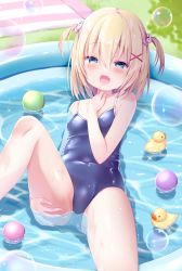 Rule 34 | 1girl, :d, absurdres, ass grab, blonde hair, blue eyes, blue one-piece swimsuit, blush, breasts, bubble, rabbit hair ornament, commentary request, covered erect nipples, covered navel, day, fang, floating, grabbing own ass, grass, hair ornament, highres, looking at viewer, lying, medium hair, momochi chia, on back, one-piece swimsuit, open mouth, original, outdoors, pool, rubber duck, small breasts, smile, solo, spread legs, swimsuit, thighs, wading pool, wet, x hair ornament